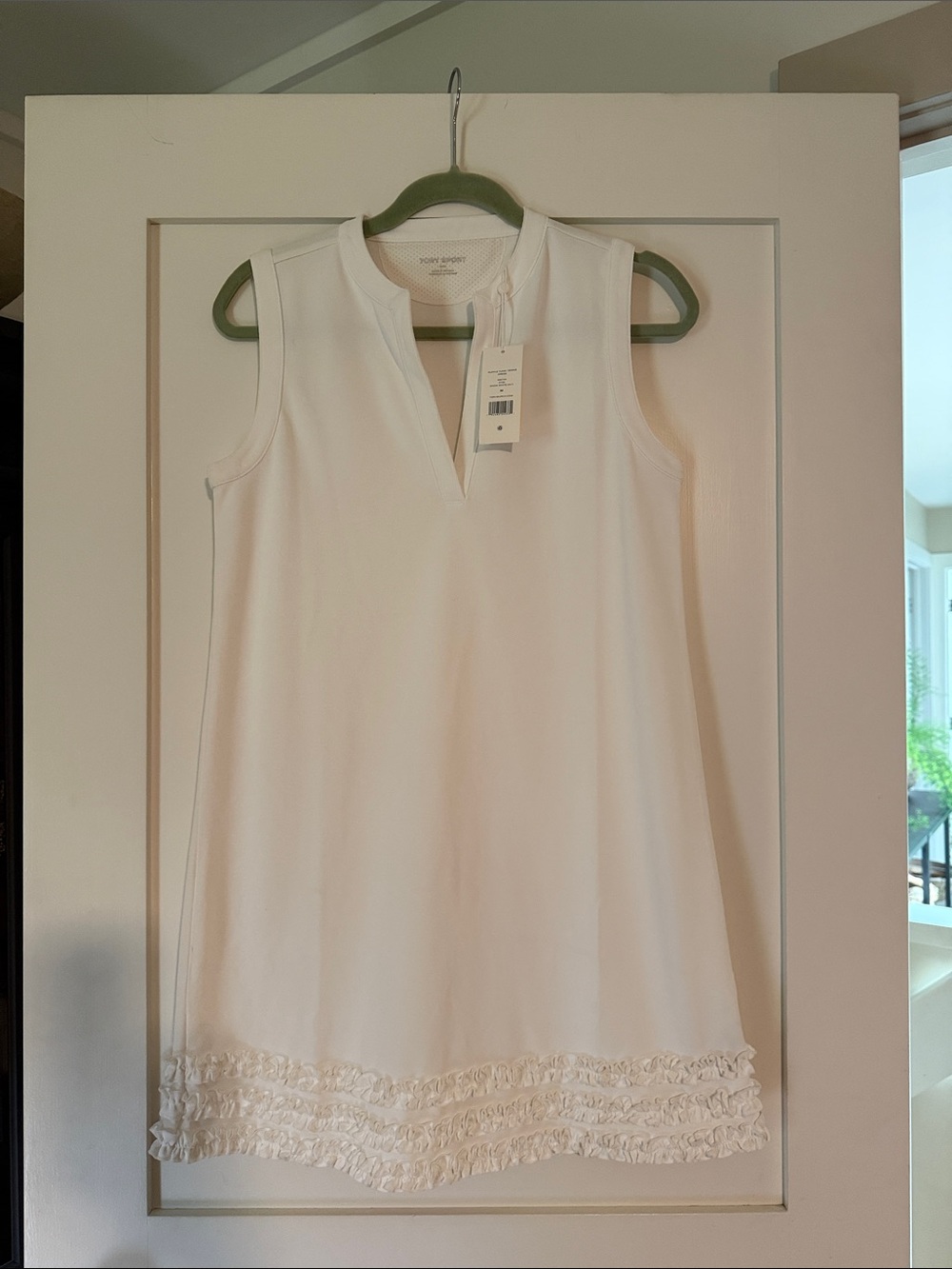 Tory Sport White Sleeveless Mini Dress with Ruffle Trim